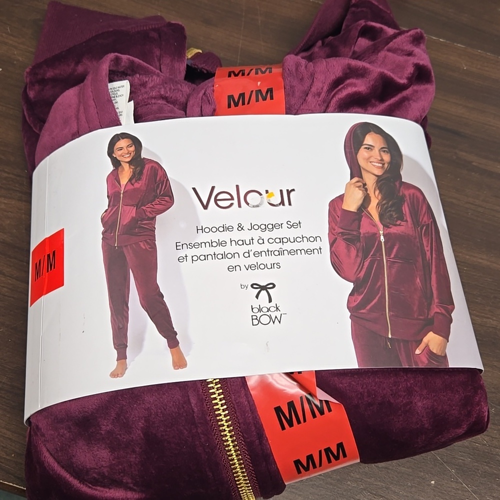 Black Bow Size M Purple/Burgundy Velour Hoodie & Jogger Set